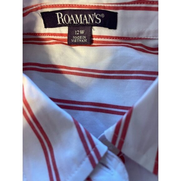 Roaman's 12W White-Red Double Vertical Striped Button Collar Long Sleeve Shirt - Picture 5 of 5